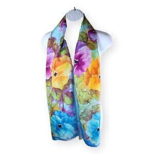 Adron Watercolor Blue Yellow Pink Silk Narrow Rectangle Scarf
